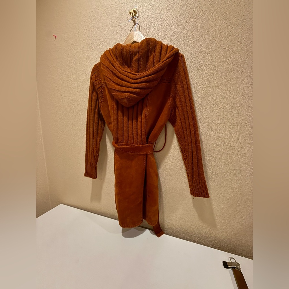 Vintage 1970s Terracotta Leather Suede Knit Crochet Hooded  Jacket Coat, Grunge - Picture 14 of 14